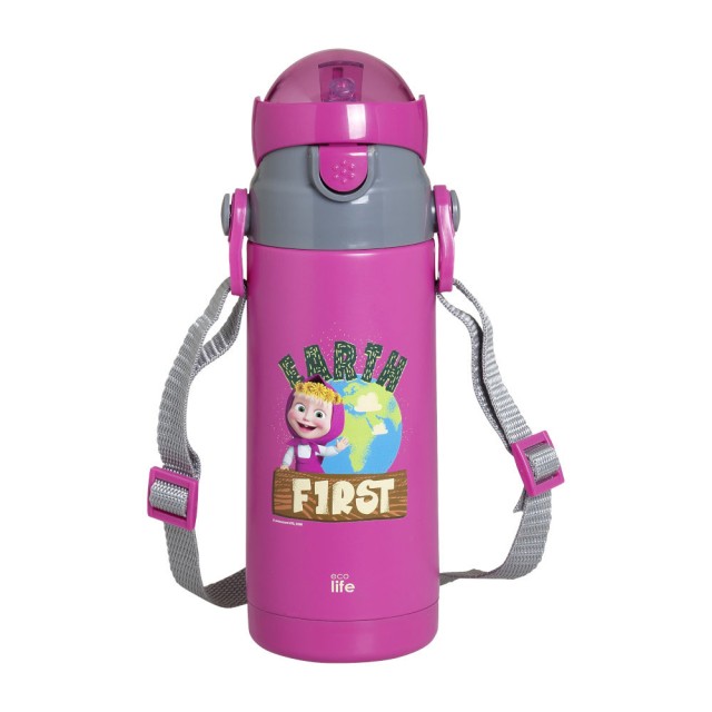 Ecolife Kids Thermos Masha - Earth First Magenta Ανοξείδωτο Παγούρι Θερμός με Καλαμάκι 400ml - 33-BO-2120 product photo