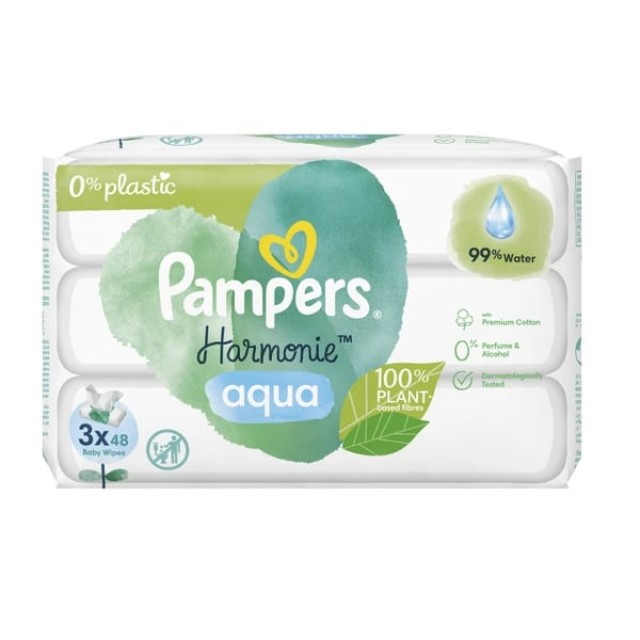 Pampers Harmonie Aqua Βρεφικά Μωρομάντηλα (3x48τεμ) 144 Μαντηλάκια product photo