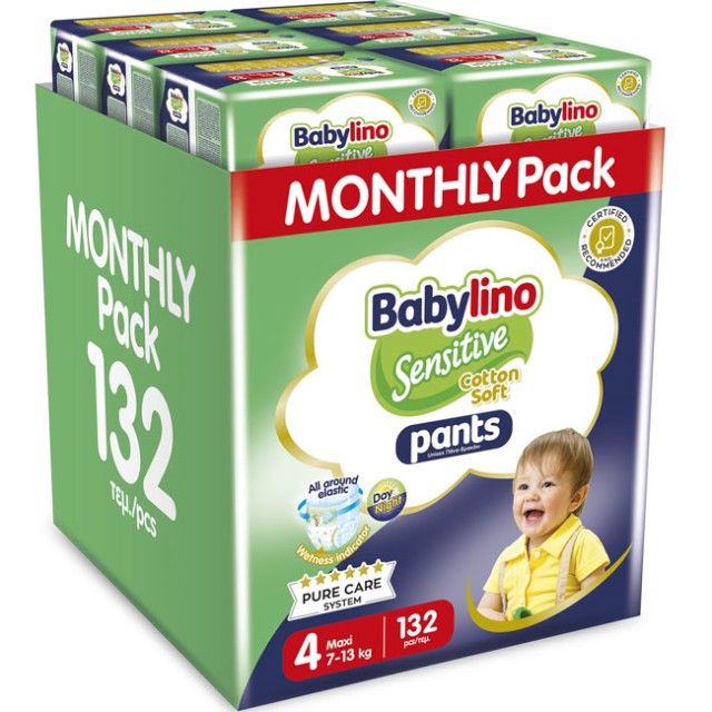 Babylino Sensitive Pants Cotton Soft Unisex Monthly Pack Maxi Plus Μέγεθος 4+ (7-13kg) 132 Πάνες-Bρακάκι product photo