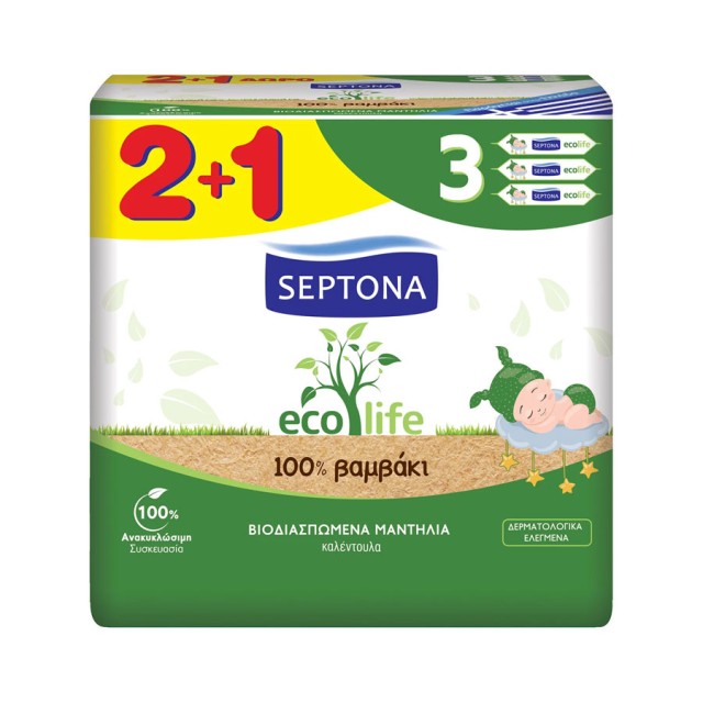 Septona Ecolife Baby Wipes Βρεφικά Βιοδιασπώμενα Μωρομάντηλα με Καλέντουλα, από 100% Βαμβάκι 2+1 Δώρο (3x60τεμ) 180τεμ product photo