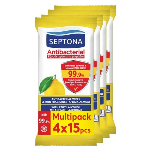 Septona Promo Antibacterial Wipes Αντιβακτηριδιακά Μαντηλάκια Χεριών με Άρωμα Λεμόνι Multipack (4x15τεμ) 60τεμ product photo