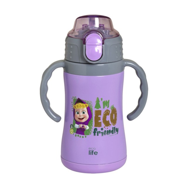 Ecolife Kids Thermos Masha - Eco Friendly Lilac Ανοξείδωτο Παγούρι Θερμός με Καλαμάκι και Χερούλια 300ml - 33-BO-2122 product photo