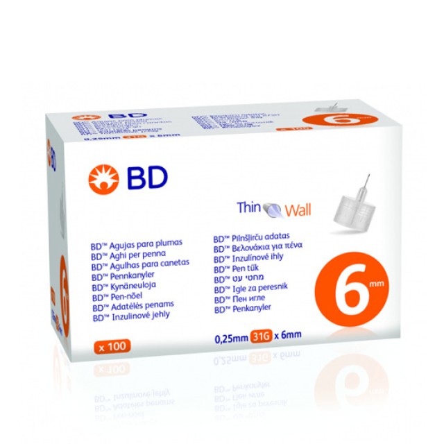 BD Thin Wall Βελονάκια για Πένα Ινσουλίνης 31G x 6mm 100τεμ product photo